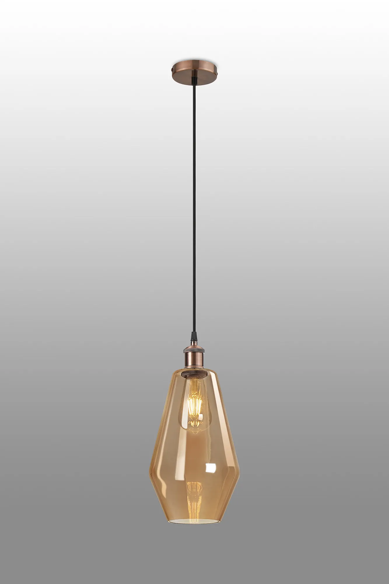 Cawdor Single Pendant, 1 Light E27, Antique Copper/Black/Amber Kite Glass DK1133  Deco Cawdor